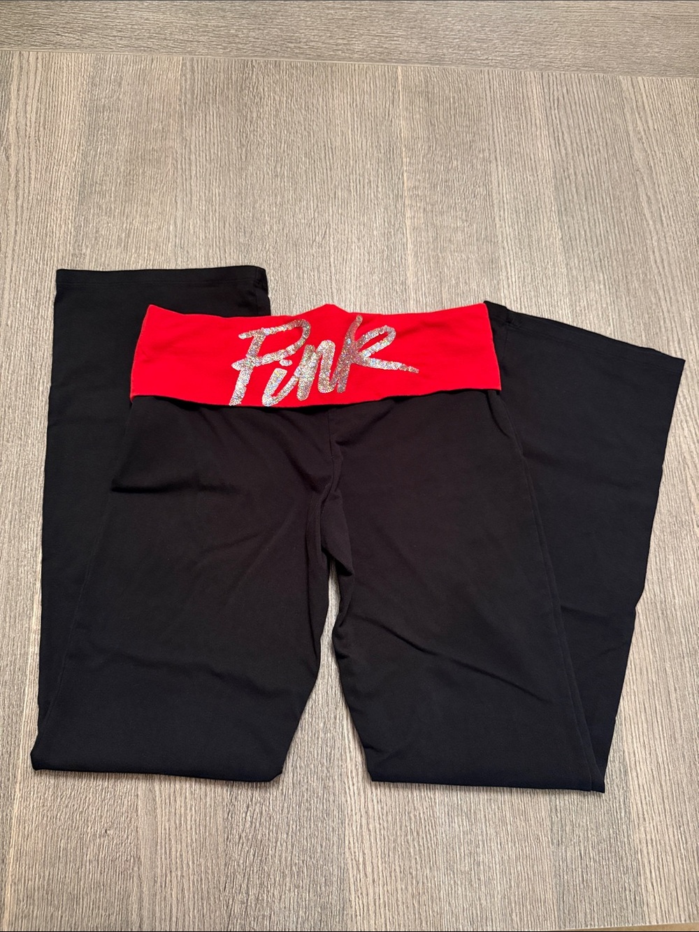 NWOT PINK Victoria's Secret Black Yoga Leggings with Red Fold-Over Waistband